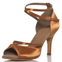 Women's Black Satin Dance Heels with Soft Suede Sole – Elegant Open-Toe Design with Ankle Strap for Latin and Ballroom Dance