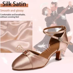 Women's Black Satin Latin Dance Shoes - Elegant Ankle Strap Heels with Rhinestone Buckle and Suede Sole for Ballroom and Salsa Performances