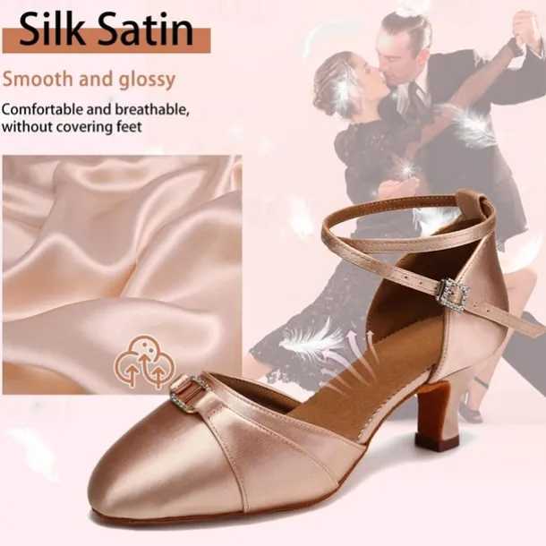 Women's Black Satin Latin Dance Shoes - Elegant Ankle Strap Heels with Rhinestone Buckle and Suede Sole for Ballroom and Salsa Performances