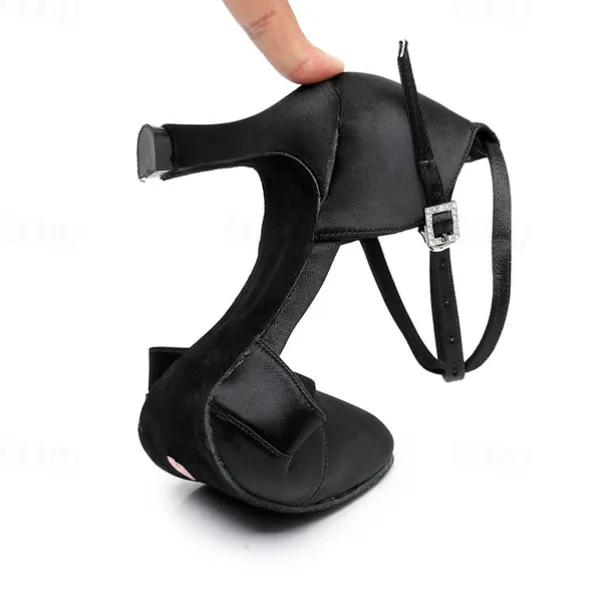 Women's Black Satin Latin Dance Shoes - Elegant Ankle Strap Heels with Rhinestone Buckle and Suede Sole for Ballroom and Salsa Performances