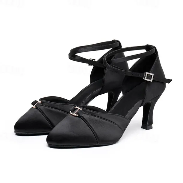 Women's Black Satin Latin Dance Shoes - Elegant Ankle Strap Heels with Rhinestone Buckle and Suede Sole for Ballroom and Salsa Performances