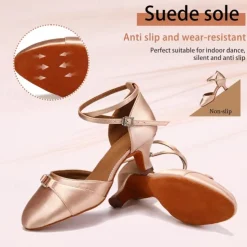 Women's Black Satin Latin Dance Shoes - Elegant Ankle Strap Heels with Rhinestone Buckle and Suede Sole for Ballroom and Salsa Performances