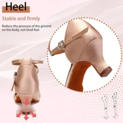 Women's Black Satin Latin Dance Shoes - Elegant Ankle Strap Heels with Rhinestone Buckle and Suede Sole for Ballroom and Salsa Performances