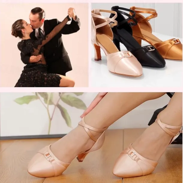 Women's Black Satin Latin Dance Shoes - Elegant Ankle Strap Heels with Rhinestone Buckle and Suede Sole for Ballroom and Salsa Performances