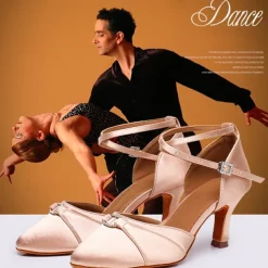 Women's Black Satin Latin Dance Shoes - Elegant Ankle Strap Heels with Rhinestone Buckle and Suede Sole for Ballroom and Salsa Performances