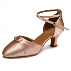 Women's Black Satin Latin Dance Shoes - Elegant Ankle Strap Heels with Rhinestone Buckle and Suede Sole for Ballroom and Salsa Performances