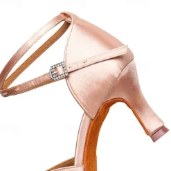 Women's Black Satin Latin Dance Shoes - Elegant Ankle Strap Heels with Rhinestone Buckle and Suede Sole for Ballroom and Salsa Performances