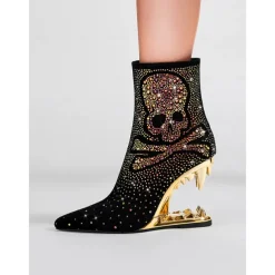 Women's Black Skull Ankle Boots with Rhinestone Embellishments and Gold Cut-Out Heels – Bold Statement Heels for Gothic Fashion and Parties