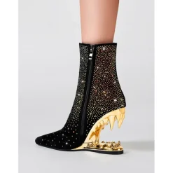 Women's Black Skull Ankle Boots with Rhinestone Embellishments and Gold Cut-Out Heels – Bold Statement Heels for Gothic Fashion and Parties