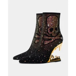 Women's Black Skull Ankle Boots with Rhinestone Embellishments and Gold Cut-Out Heels – Bold Statement Heels for Gothic Fashion and Parties