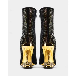 Women's Black Skull Ankle Boots with Rhinestone Embellishments and Gold Cut-Out Heels – Bold Statement Heels for Gothic Fashion and Parties