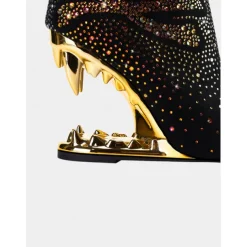 Women's Black Skull Ankle Boots with Rhinestone Embellishments and Gold Cut-Out Heels – Bold Statement Heels for Gothic Fashion and Parties