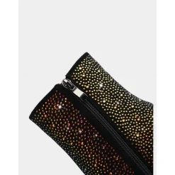 Women's Black Skull Ankle Boots with Rhinestone Embellishments and Gold Cut-Out Heels – Bold Statement Heels for Gothic Fashion and Parties