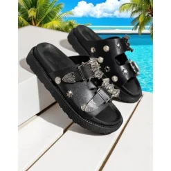 Women's Black Slip-On Sandals with Metallic Buckle and Studded Details – Casual, Trendy Beach Footwear with Bat Pattern for Halloween, Summer Outings, and Poolside Relaxation