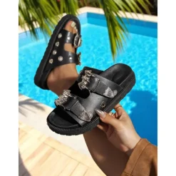 Women's Black Slip-On Sandals with Metallic Buckle and Studded Details – Casual, Trendy Beach Footwear with Bat Pattern for Halloween, Summer Outings, and Poolside Relaxation