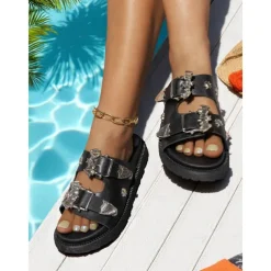 Women's Black Slip-On Sandals with Metallic Buckle and Studded Details – Casual, Trendy Beach Footwear with Bat Pattern for Halloween, Summer Outings, and Poolside Relaxation