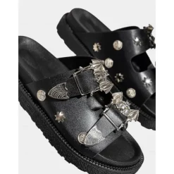 Women's Black Slip-On Sandals with Metallic Buckle and Studded Details – Casual, Trendy Beach Footwear with Bat Pattern for Halloween, Summer Outings, and Poolside Relaxation