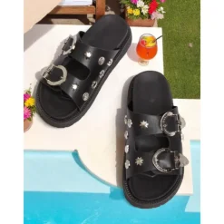 Women's Black Slip-On Sandals with Metallic Buckle and Studded Details – Casual, Trendy Beach Footwear with Bat Pattern for Halloween, Summer Outings, and Poolside Relaxation