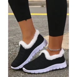Women's Black Slip-On Winter Shoes with Plush Fur Lining and Lightweight Sole, Cozy and Warm Footwear for Cold Weather