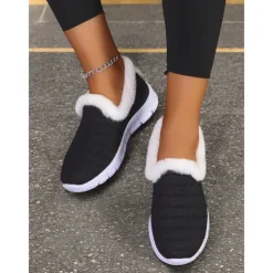 Women's Black Slip-On Winter Shoes with Plush Fur Lining and Lightweight Sole, Cozy and Warm Footwear for Cold Weather