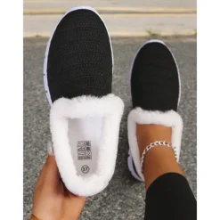Women's Black Slip-On Winter Shoes with Plush Fur Lining and Lightweight Sole, Cozy and Warm Footwear for Cold Weather