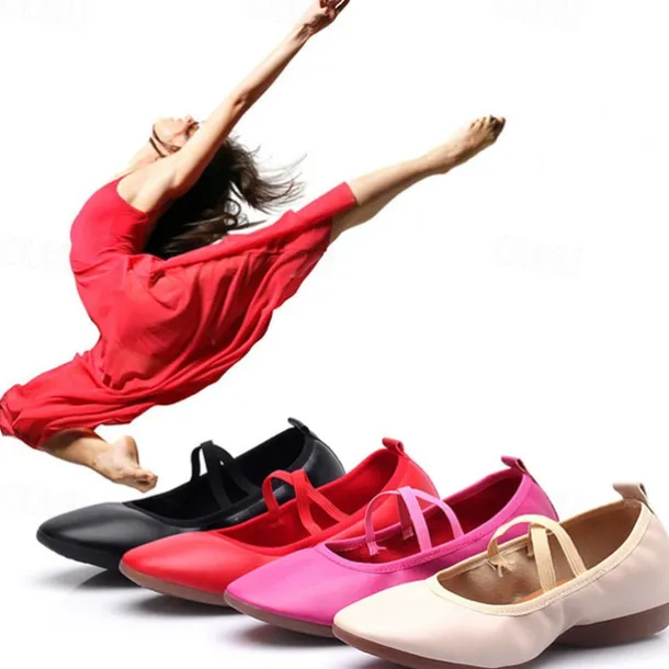 Women's Black Soft Sole Ballet Dance Shoes - Professional Flat Slip-On Shoes with Cross Straps for Practice and Performances