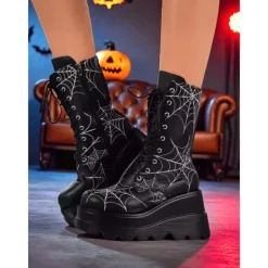 Women's Black Spider Web Platform Combat Boots - Gothic Lace-Up Halloween Costume Shoes for Festivals and Cosplay