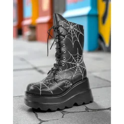 Women's Black Spider Web Platform Combat Boots - Gothic Lace-Up Halloween Costume Shoes for Festivals and Cosplay
