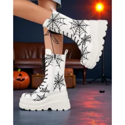Women's Black Spider Web Platform Combat Boots - Gothic Lace-Up Halloween Costume Shoes for Festivals and Cosplay