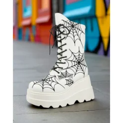 Women's Black Spider Web Platform Combat Boots - Gothic Lace-Up Halloween Costume Shoes for Festivals and Cosplay