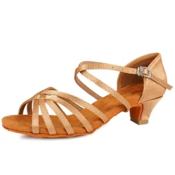 Women's Black Strappy Latin Dance Shoes - Satin Open-Toe Sandals with Low Heel and Suede Sole for Ballroom, Salsa, and Tango