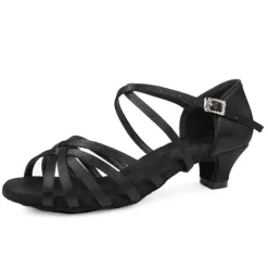 Women's Black Strappy Latin Dance Shoes - Satin Open-Toe Sandals with Low Heel and Suede Sole for Ballroom, Salsa, and Tango