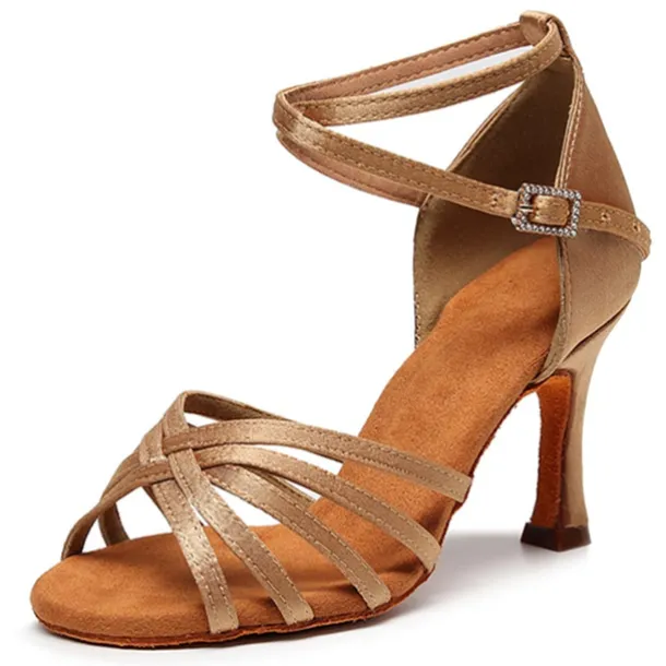 Women's Black Strappy Latin Dance Shoes – Suede Sole Ballroom Heels with Ankle Strap for Salsa, Tango, and Performance Events