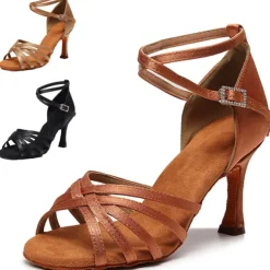 Women's Black Strappy Latin Dance Shoes – Suede Sole Ballroom Heels with Ankle Strap for Salsa, Tango, and Performance Events