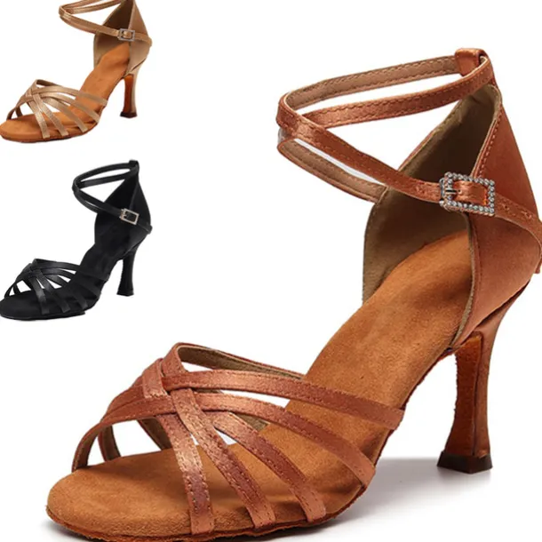 Women's Black Strappy Latin Dance Shoes – Suede Sole Ballroom Heels with Ankle Strap for Salsa, Tango, and Performance Events