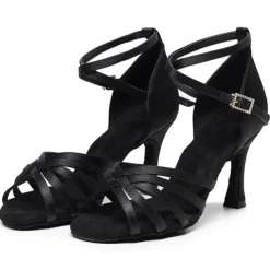 Women's Black Strappy Latin Dance Shoes – Suede Sole Ballroom Heels with Ankle Strap for Salsa, Tango, and Performance Events