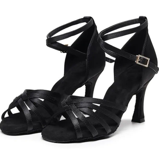 Women's Black Strappy Latin Dance Shoes – Suede Sole Ballroom Heels with Ankle Strap for Salsa, Tango, and Performance Events