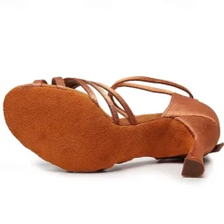 Women's Black Strappy Latin Dance Shoes – Suede Sole Ballroom Heels with Ankle Strap for Salsa, Tango, and Performance Events