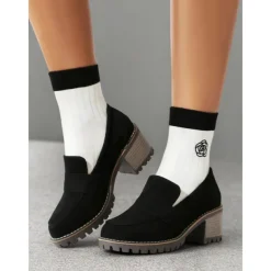 Women's Black Suede Chunky Loafers - Rugged Sole with Block Heel for Casual and Everyday Wear