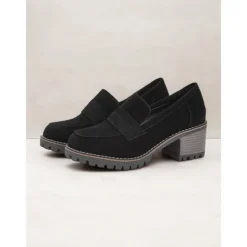 Women's Black Suede Chunky Loafers - Rugged Sole with Block Heel for Casual and Everyday Wear
