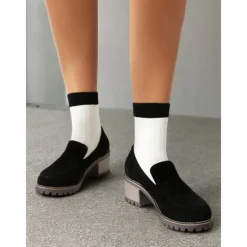 Women's Black Suede Chunky Loafers - Rugged Sole with Block Heel for Casual and Everyday Wear