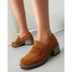 Women's Black Suede Chunky Loafers - Rugged Sole with Block Heel for Casual and Everyday Wear