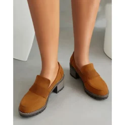 Women's Black Suede Chunky Loafers - Rugged Sole with Block Heel for Casual and Everyday Wear