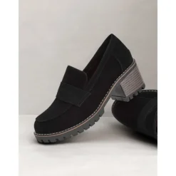 Women's Black Suede Chunky Loafers - Rugged Sole with Block Heel for Casual and Everyday Wear