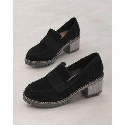 Women's Black Suede Chunky Loafers - Rugged Sole with Block Heel for Casual and Everyday Wear