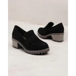 Women's Black Suede Chunky Loafers - Rugged Sole with Block Heel for Casual and Everyday Wear