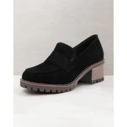 Women's Black Suede Chunky Loafers - Rugged Sole with Block Heel for Casual and Everyday Wear