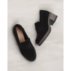 Women's Black Suede Chunky Loafers - Rugged Sole with Block Heel for Casual and Everyday Wear