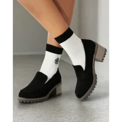 Women's Black Suede Chunky Loafers - Rugged Sole with Block Heel for Casual and Everyday Wear