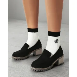 Women's Black Suede Chunky Loafers - Rugged Sole with Block Heel for Casual and Everyday Wear